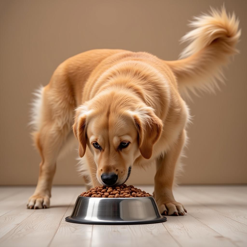 A happy dog eating Biljac dog food from its bowl