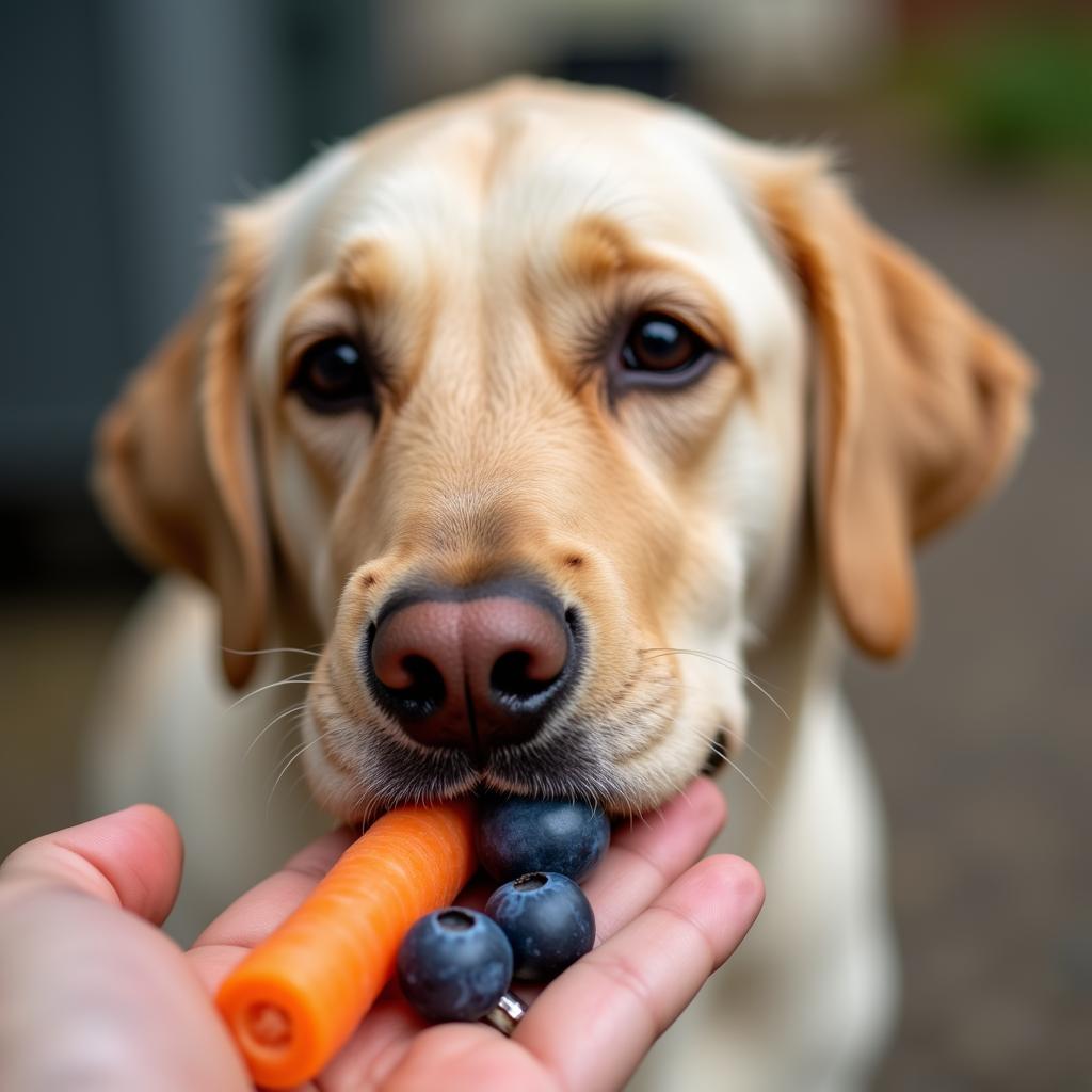 A dog enjoys a healthy snack of blueberries and carrots.