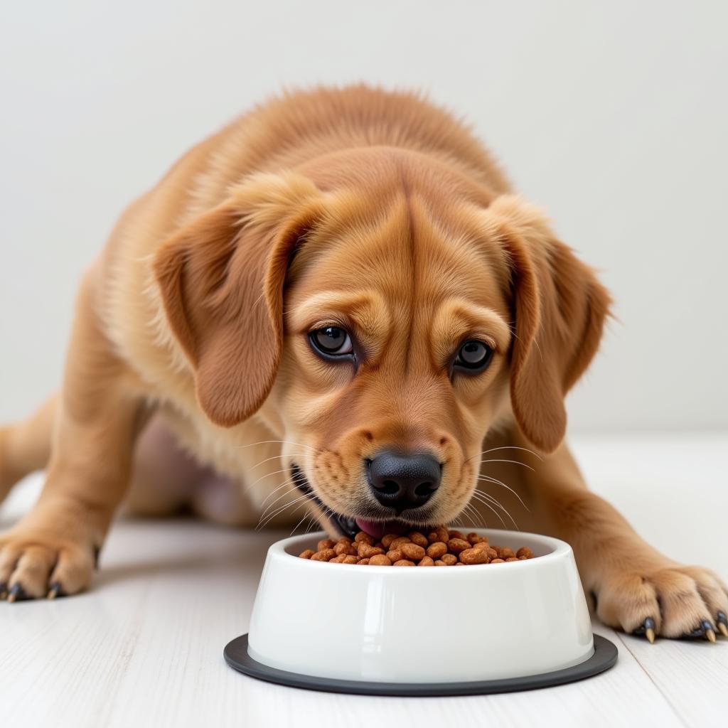 Dog eating cat food from a bowl