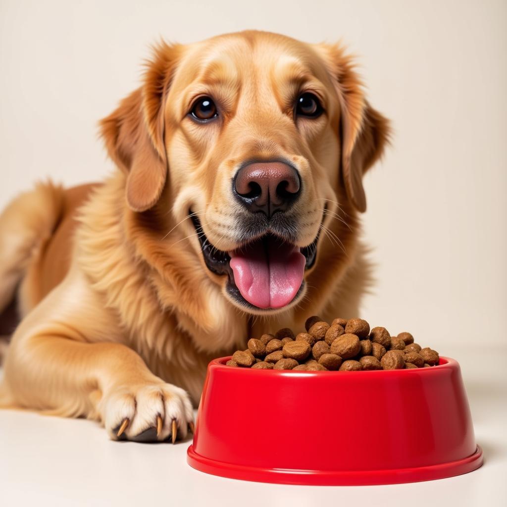 Dog enjoying coop dog food from a bowl