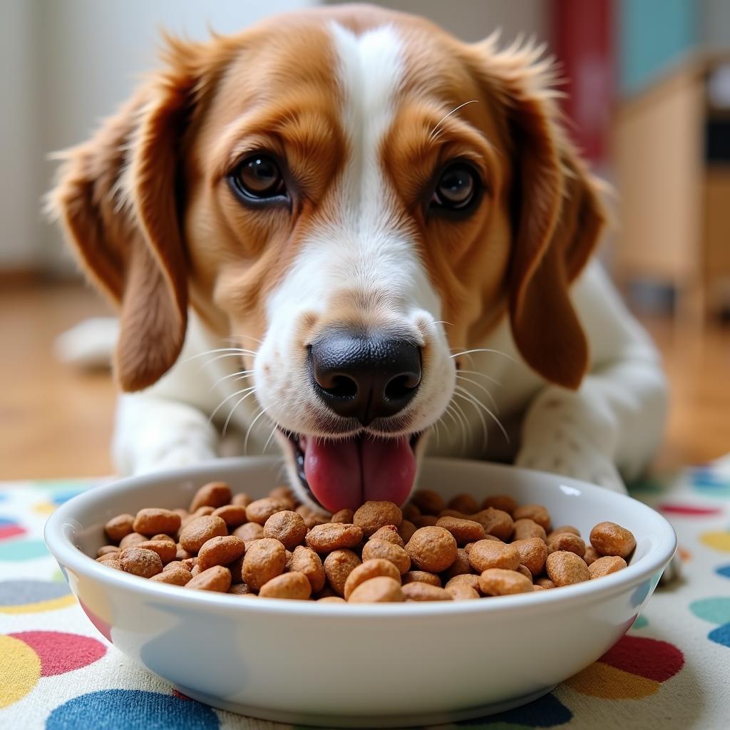 A happy dog enjoying a bowl of dehydrated dog food.