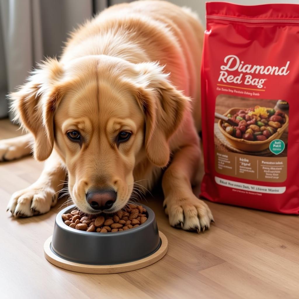 Happy dog enjoying Diamond Red Bag dog food