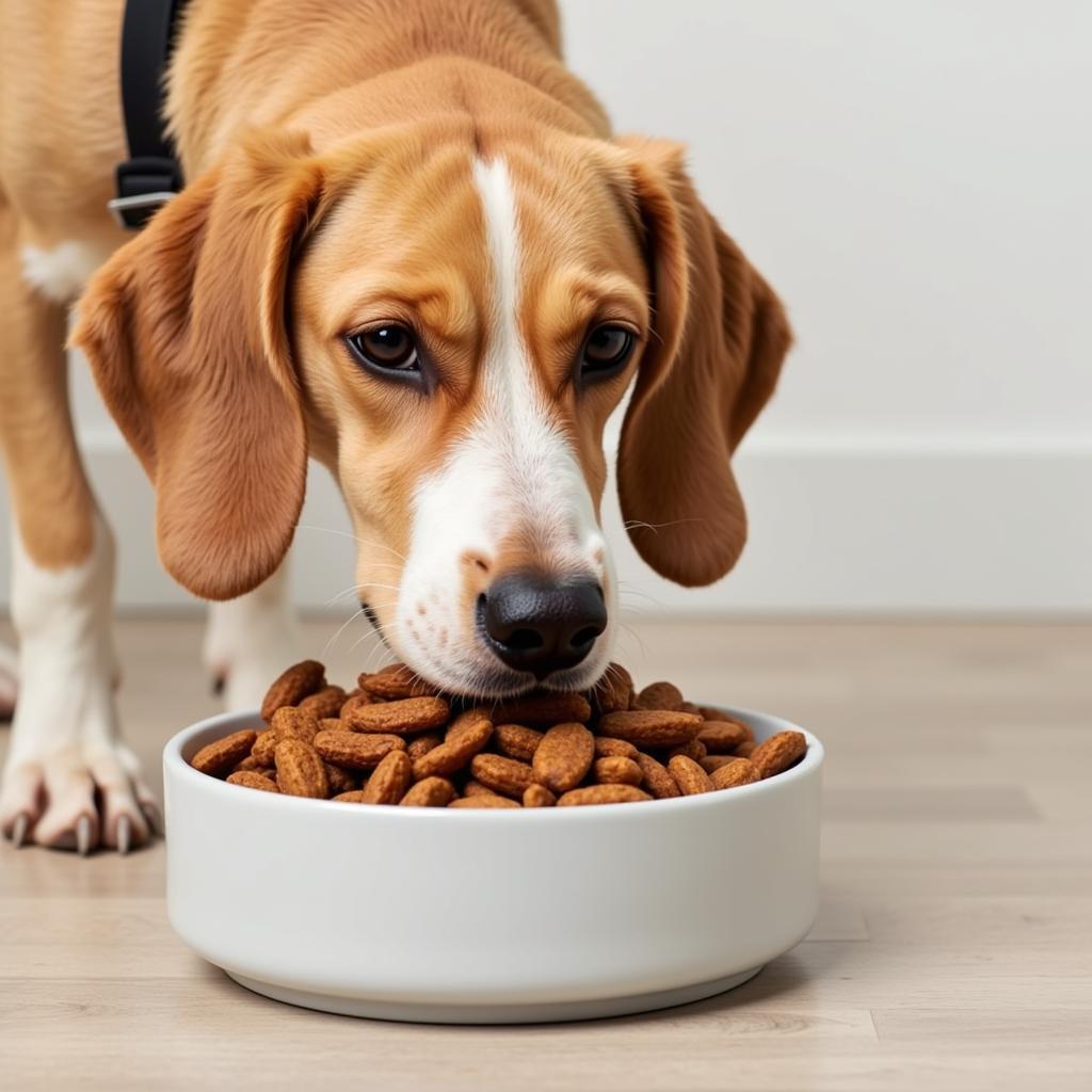 A happy dog eagerly eating dry salmon dog food from a bowl.