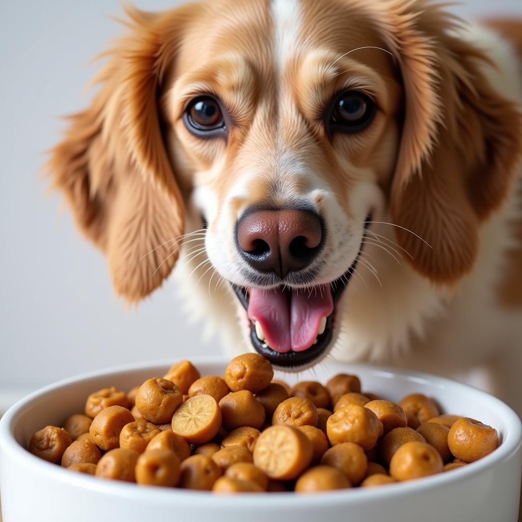 A dog eating food with MCT oil added