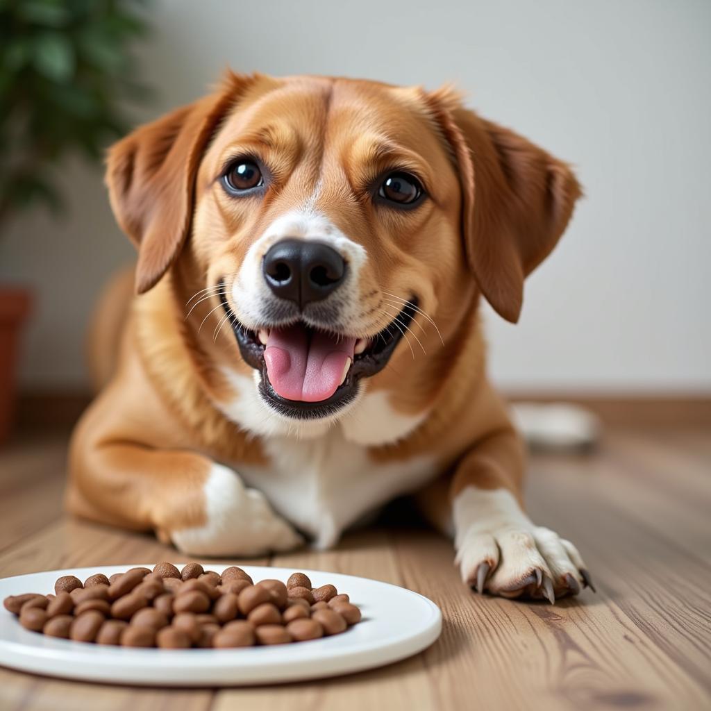 Dog enjoying its meal from a bowl.