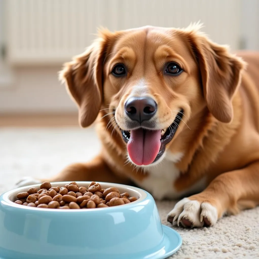  A healthy dog eating dry kibble from a bowl