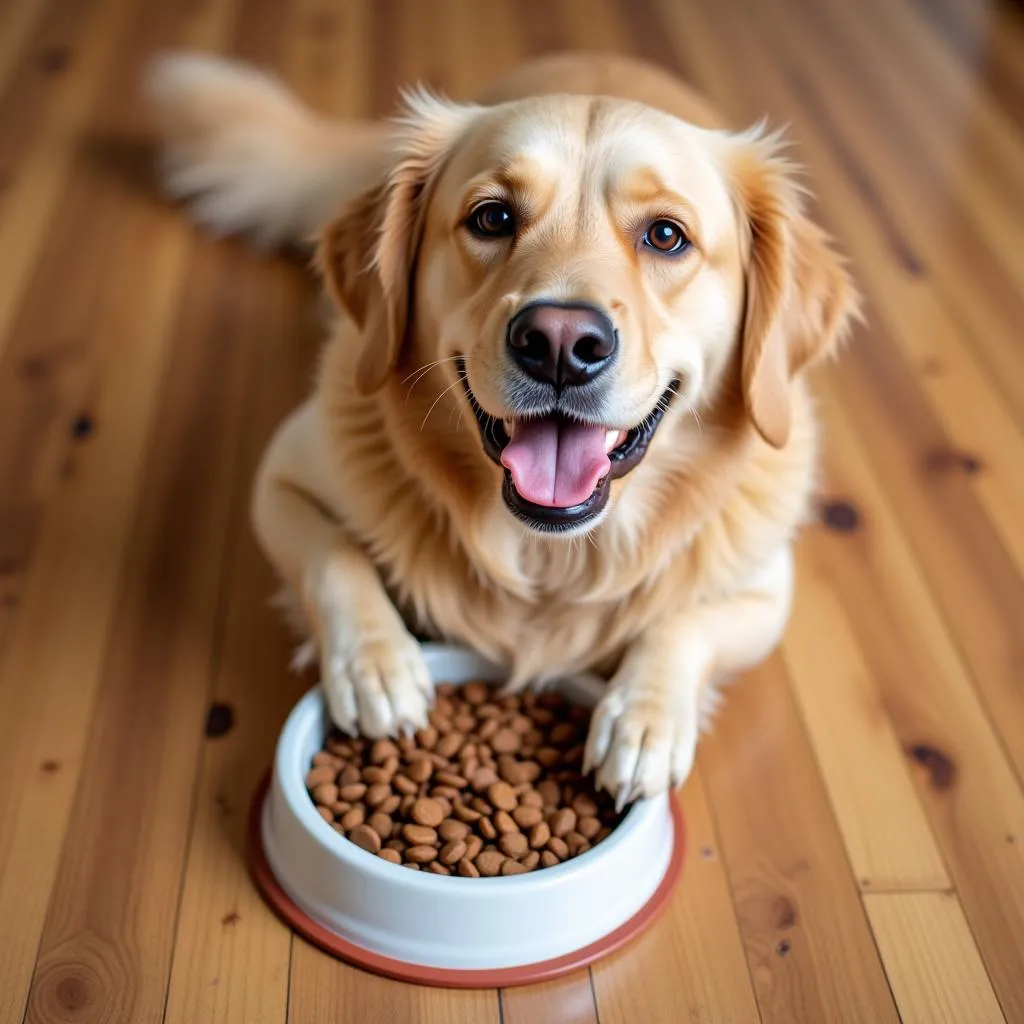 Golden Retriever enjoying a bowl of dog food