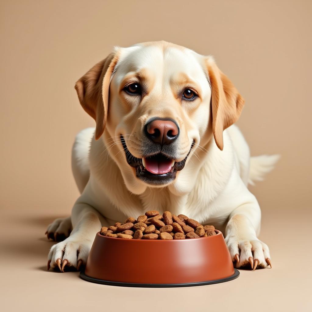 A happy dog eating from its bowl