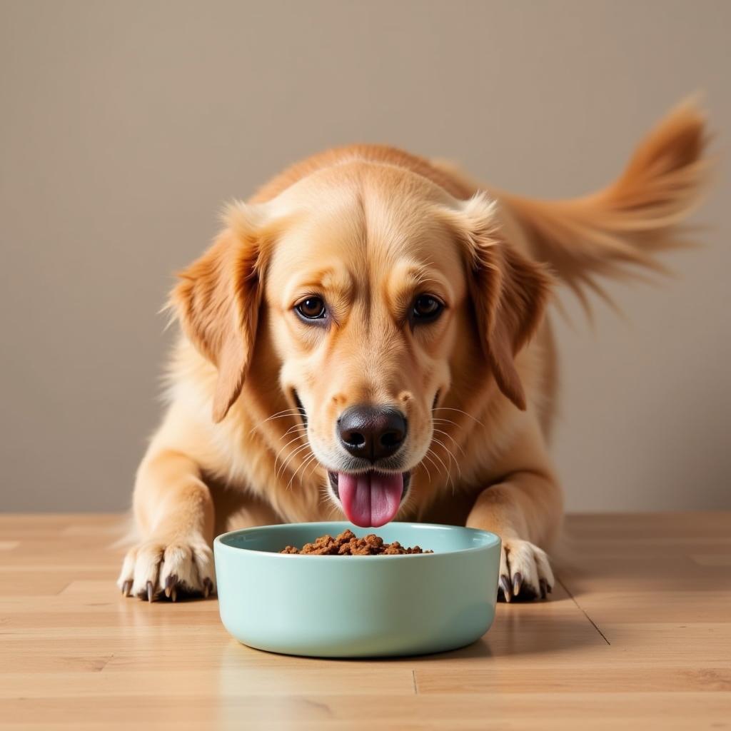 A happy dog enjoys its meal