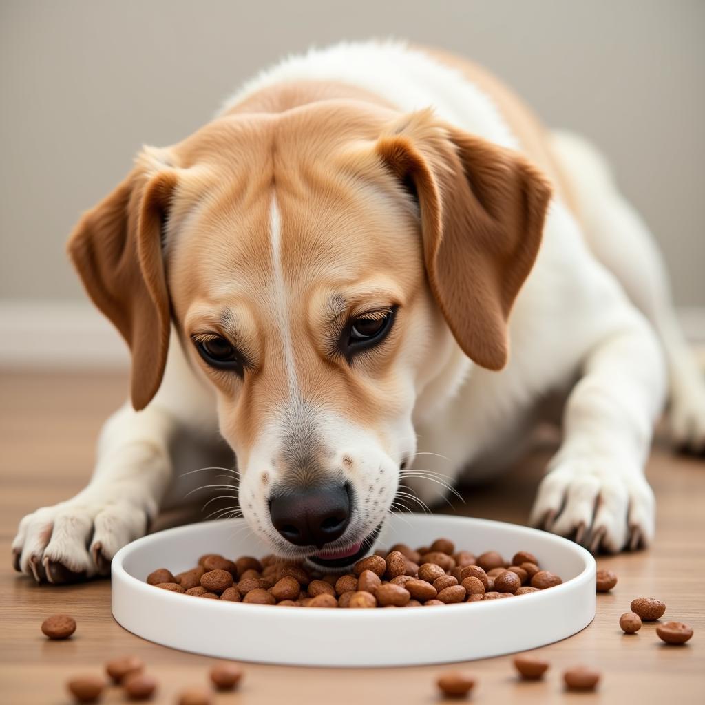 A happy dog enjoying its food from a bowl at a relaxed pace