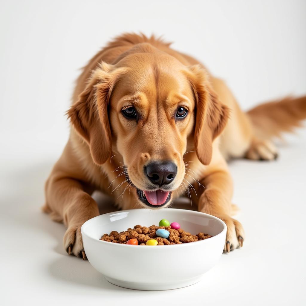 A happy dog eating kibble with a variety of toppers.