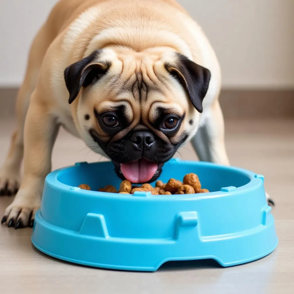 Dog eating from a slow feeder bowl