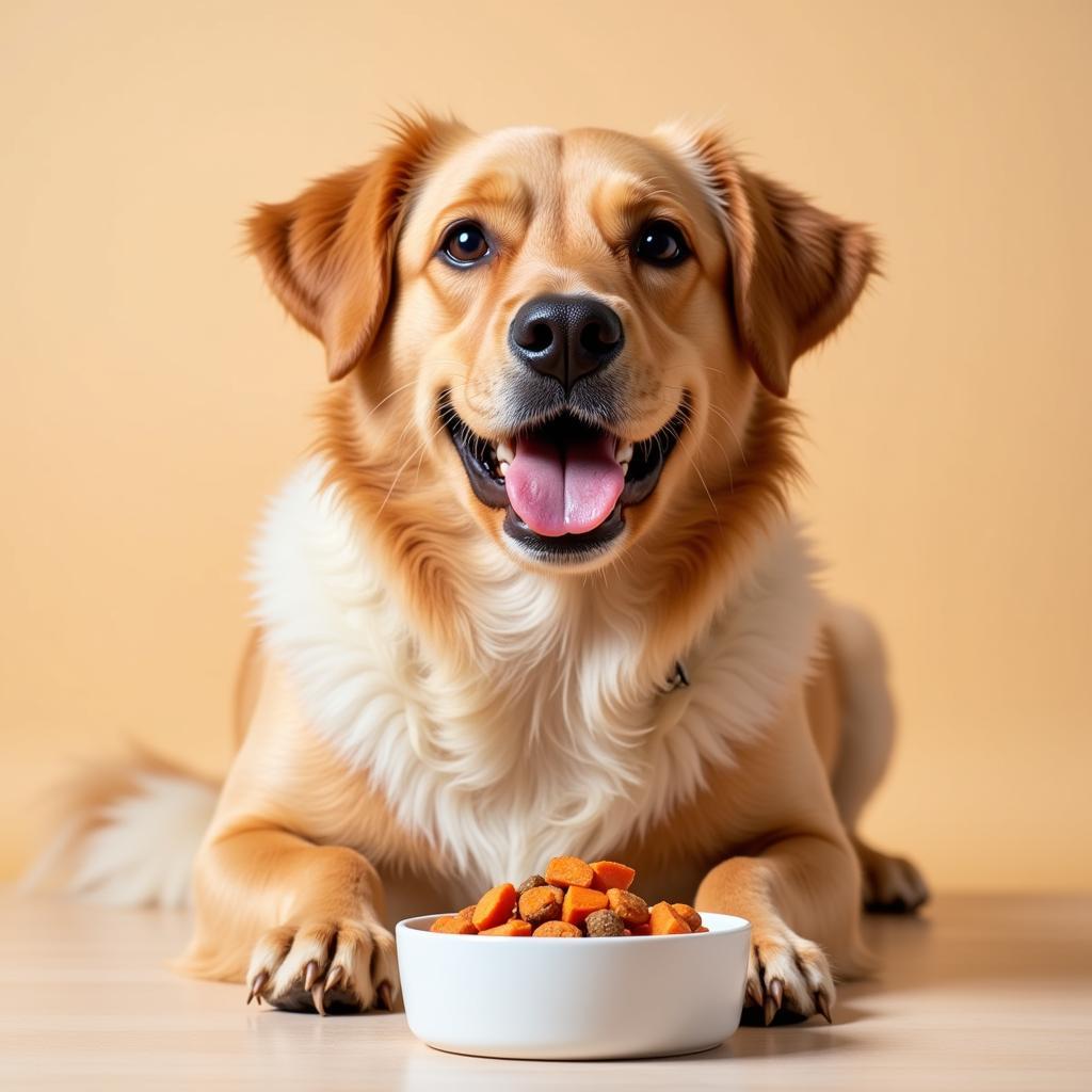 Happy dog enjoying a bowl of grain-free salmon and sweet potato dog food