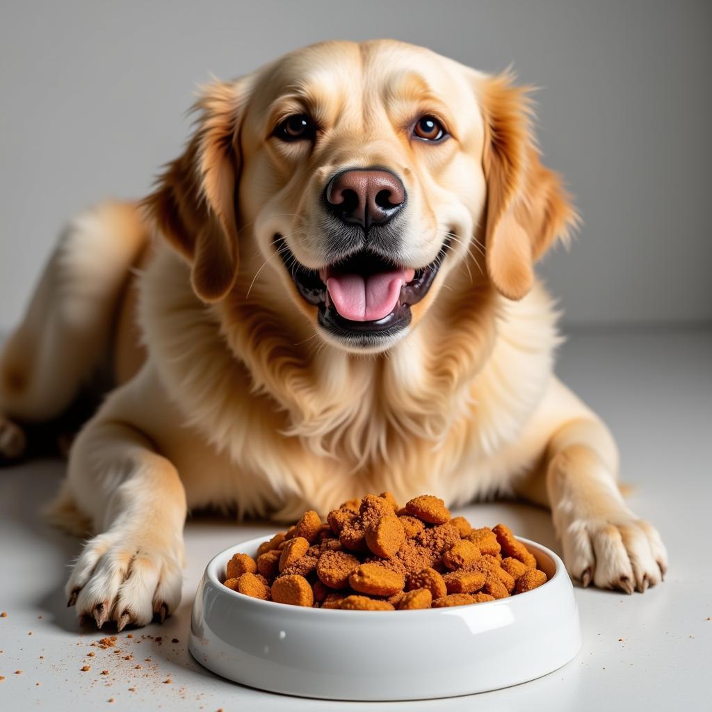 Dog enjoying homemade food topped with vitamin powder