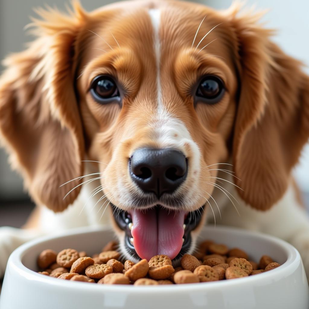 Happy Dog Enjoying a Bowl of Kibble