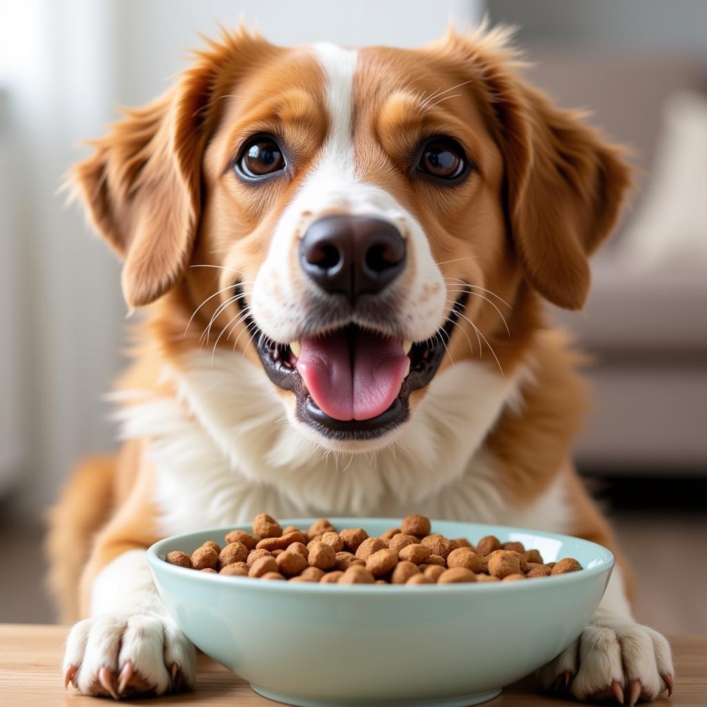 A happy dog eating kibble from their bowl.