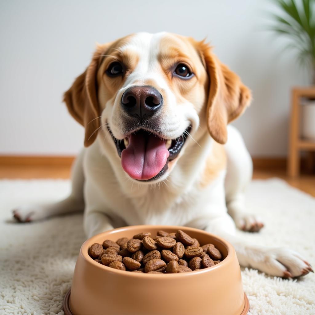 Happy dog eating low phosphorus food