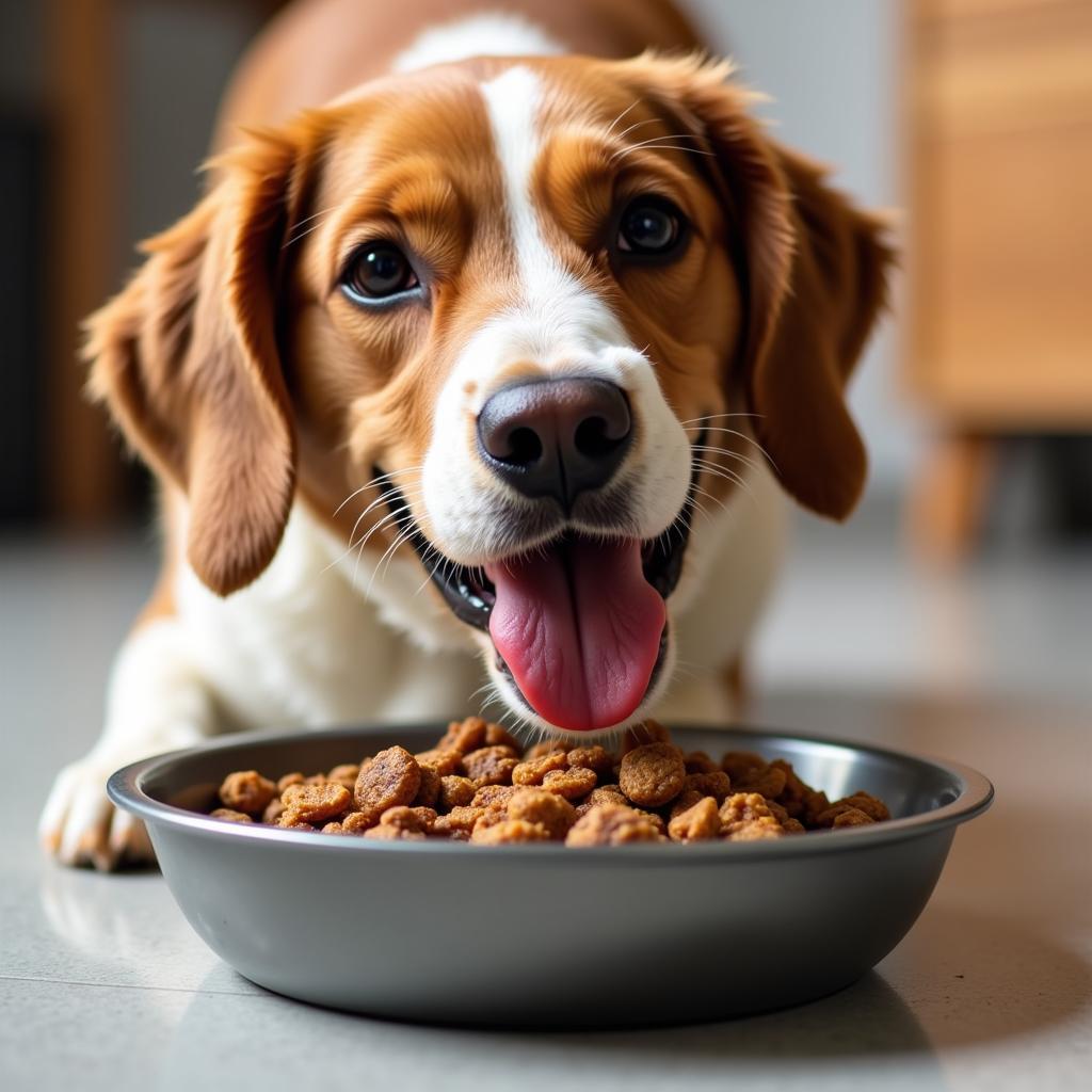 A happy dog enjoying a meal of Next Level Dog Food