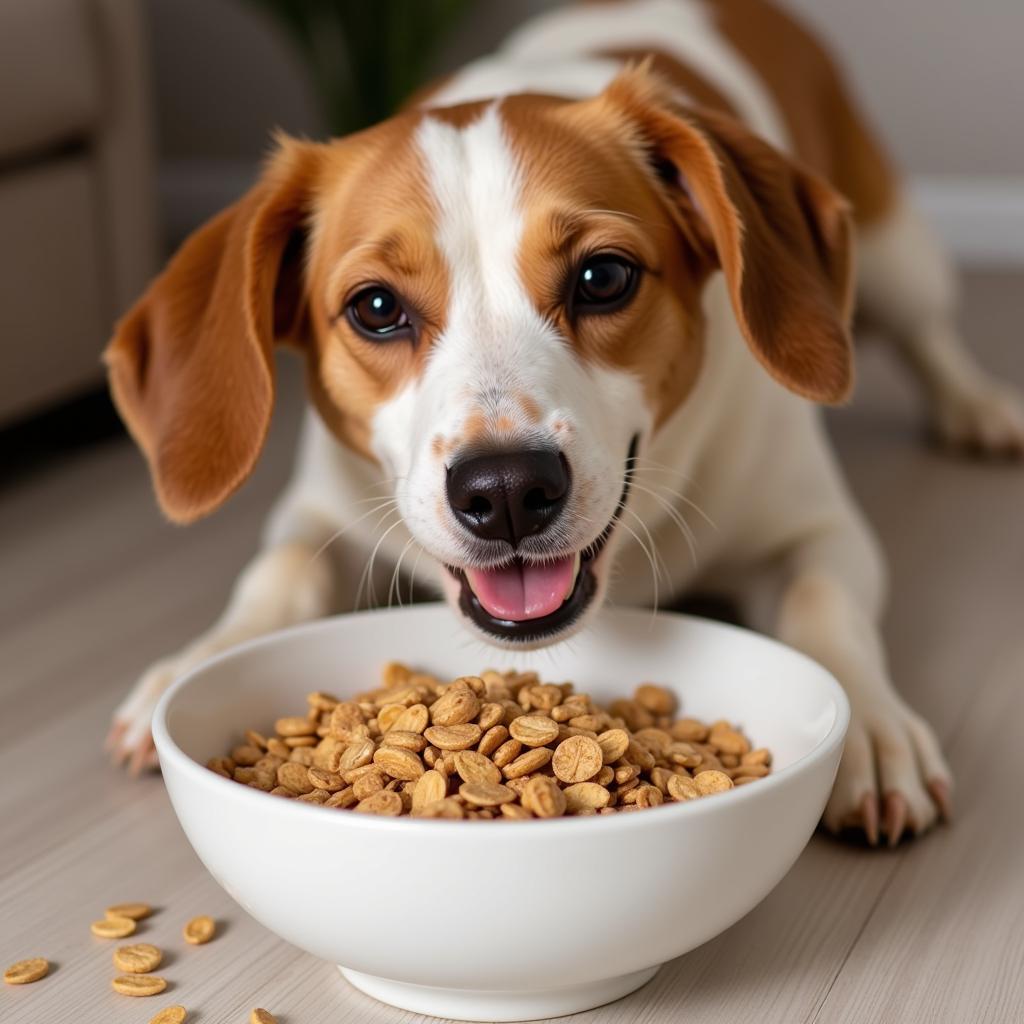 Dog Eating Oat Groats from Bowl