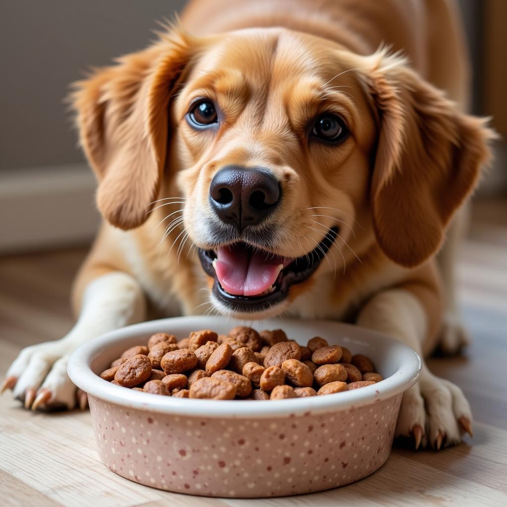 Dog enjoying a bowl of raw food with grains