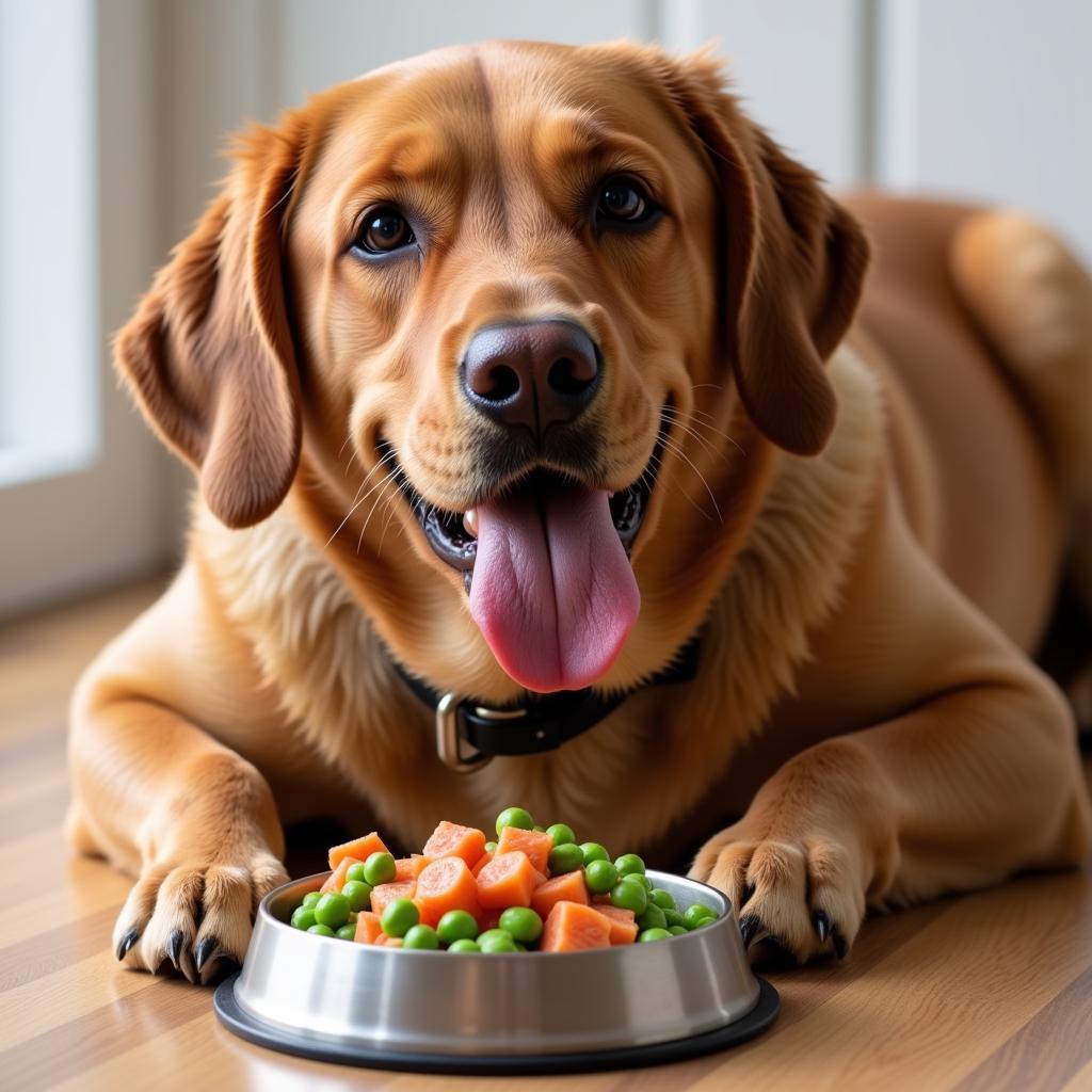 Happy dog eating salmon and peas dog food from a bowl