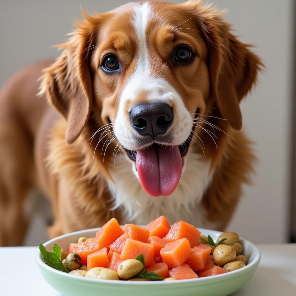 Happy Dog Enjoying a Meal with Fresh Salmon