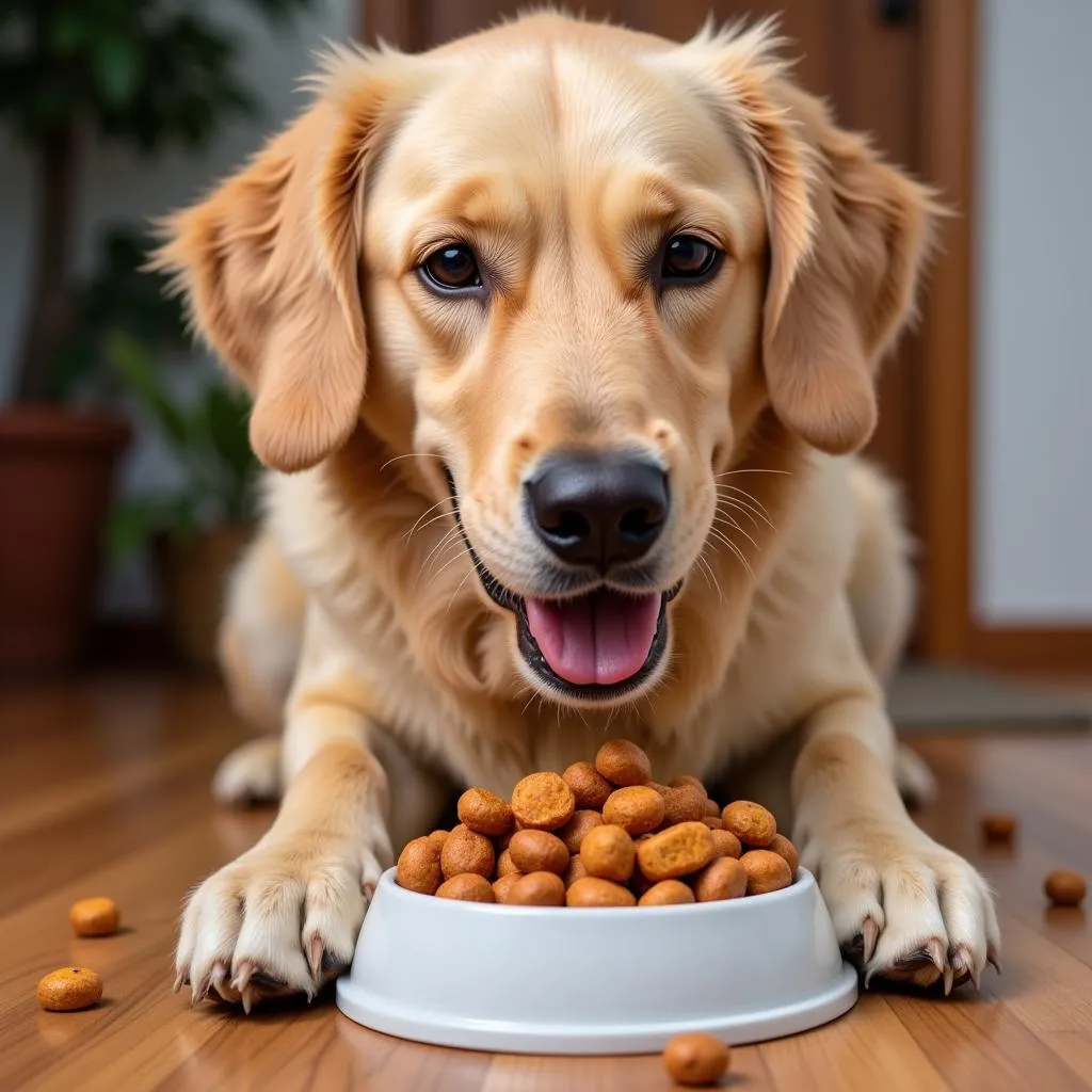 A happy golden retriever eats venison and sweet potato dog food