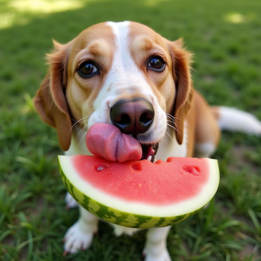 Dog enjoying a refreshing slice of watermelon on a hot summer day