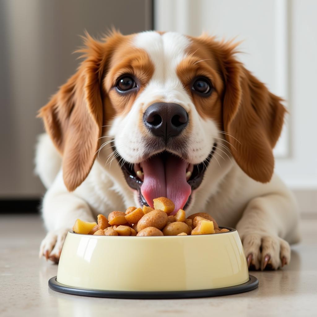 A Happy Dog Enjoying White Fish and Potato Dog Food