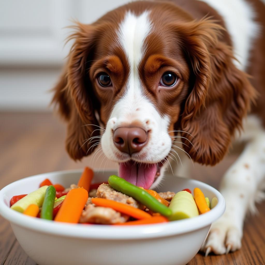 A happy dog enjoying a bowl of fresh whole foods.