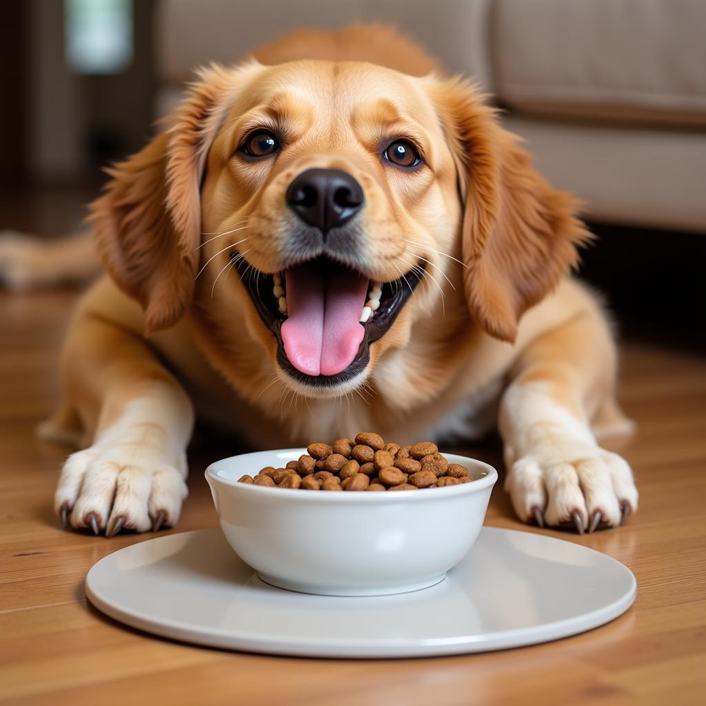 Happy Dog Eating from a Bowl of 5 Pound Dog Food