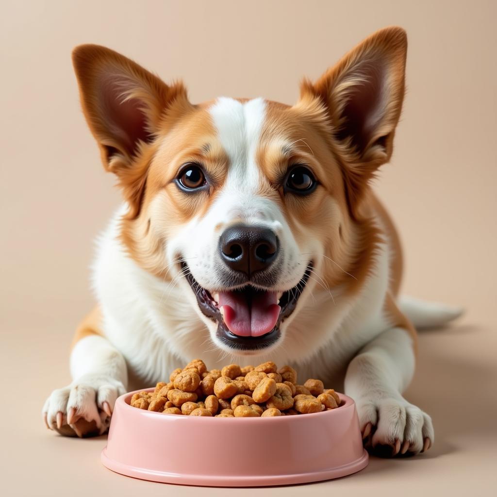 A happy dog enjoying a meal from its bowl