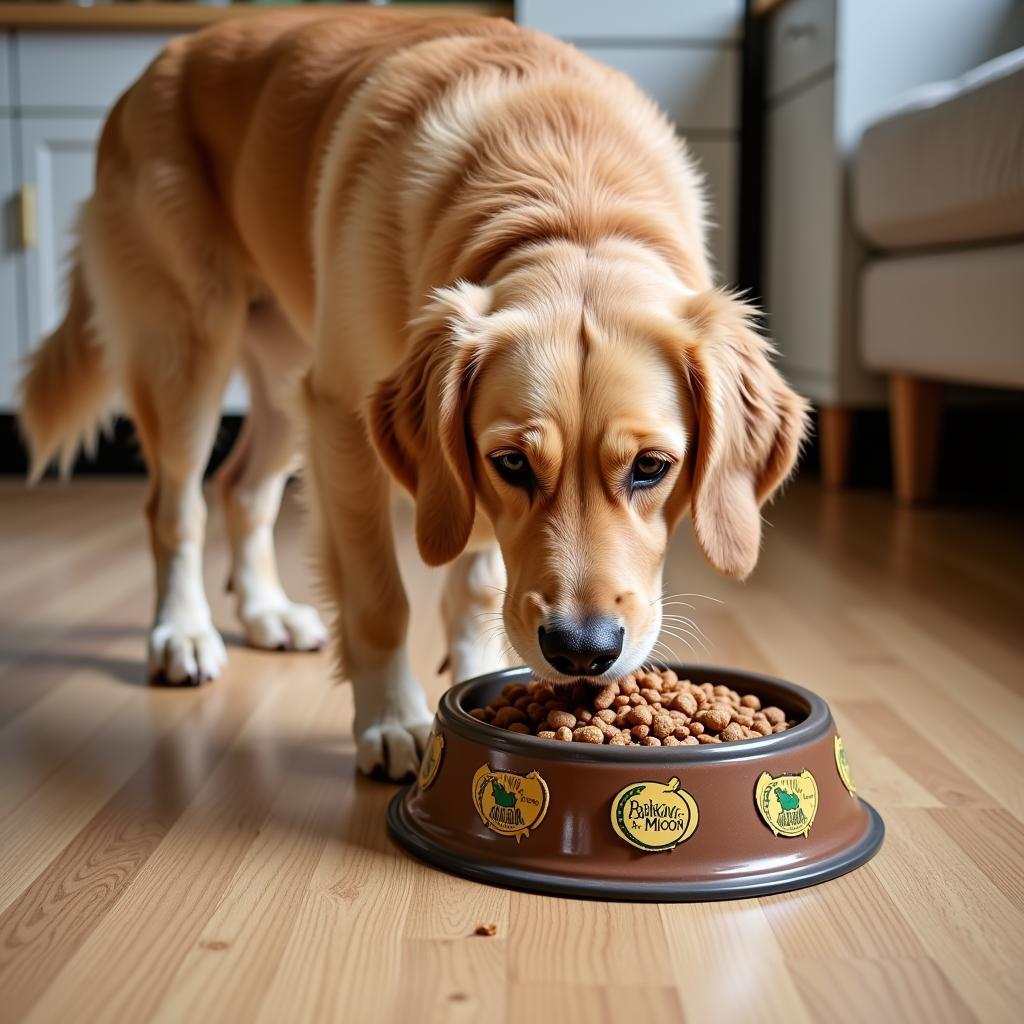 A happy dog enjoying a bowl of Barking at the Moon dog food