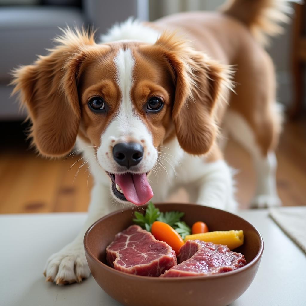 Happy Dog Enjoying a Beef Dinner