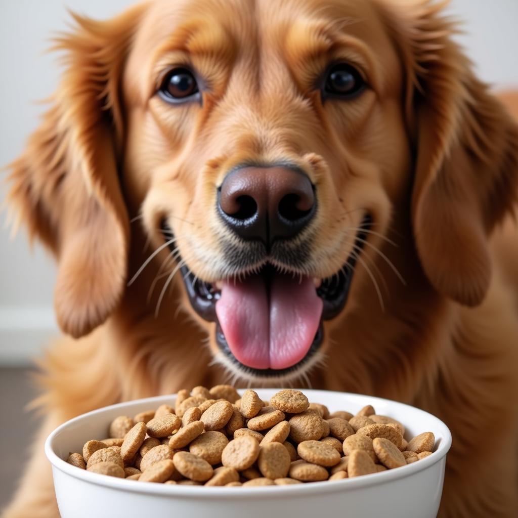 Golden Retriever enjoying a bowl of duck dog food