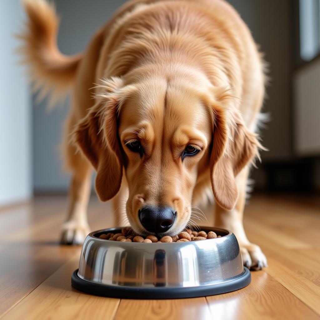 A happy dog enjoying a bowl of fetch pet food