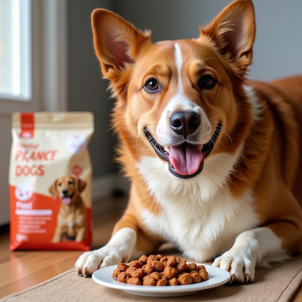 A happy dog eating food from a bowl with a dog food sample pack next to it 