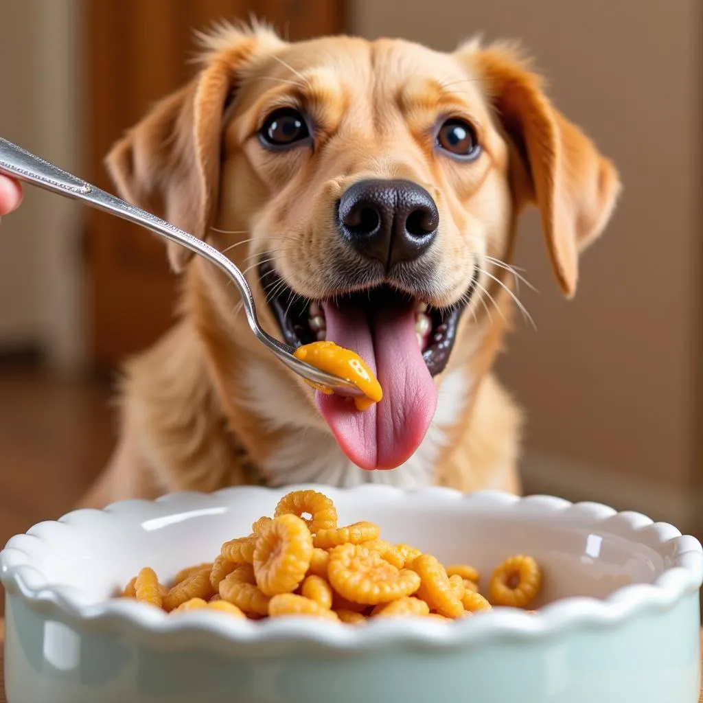 A happy dog enjoying a flavor topper on its food