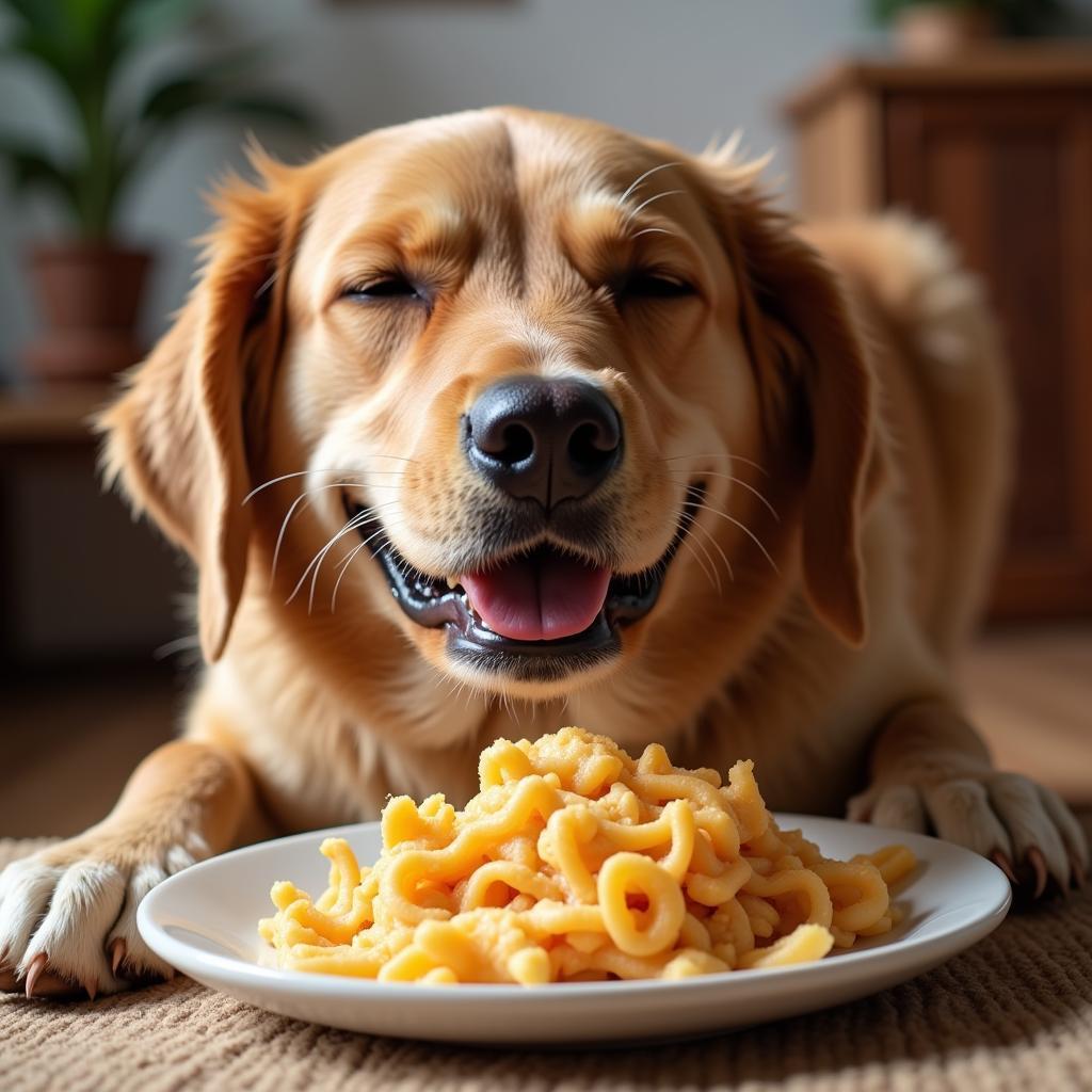 A happy dog eagerly licking a bowl of food topped with a homemade topper.