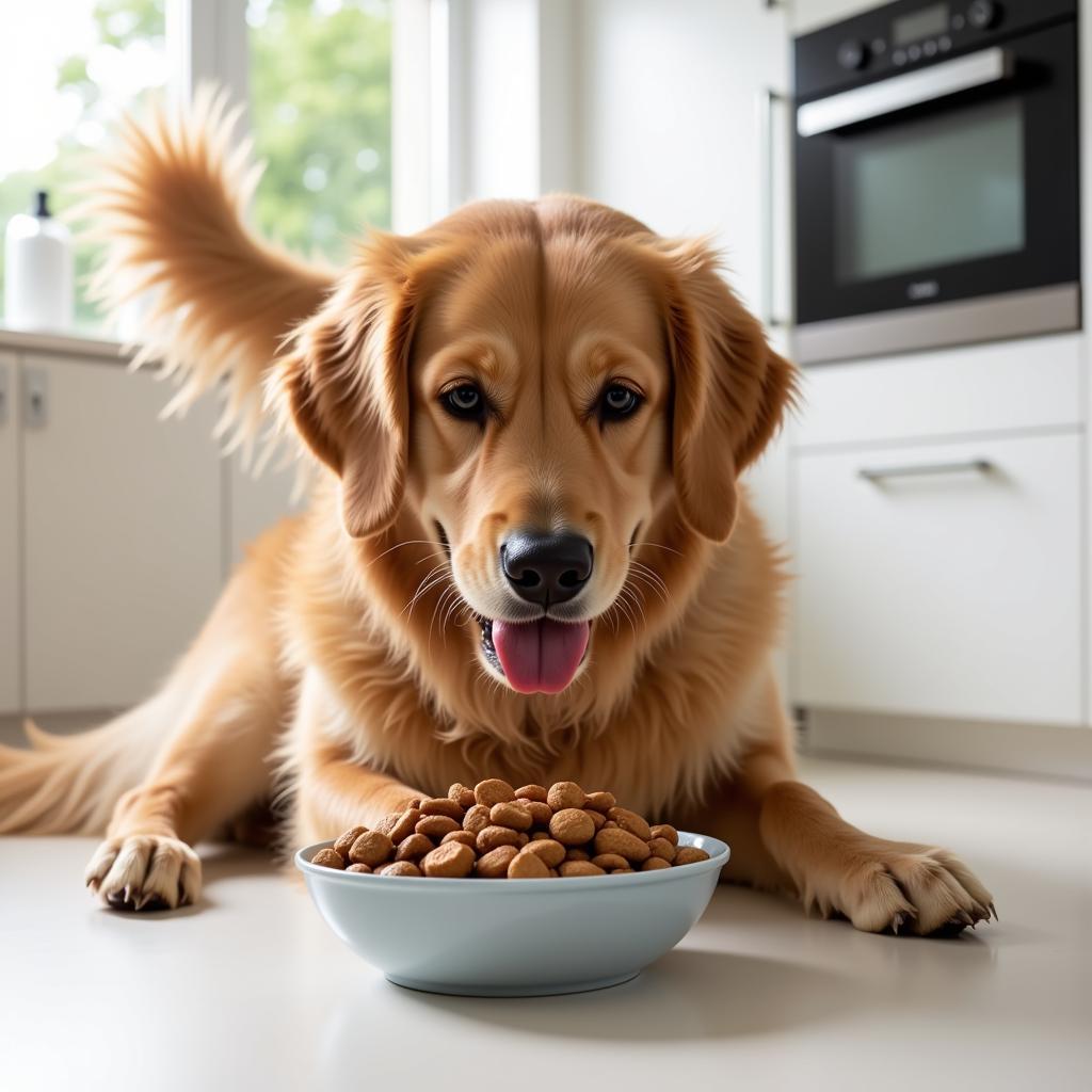 A happy dog eating a nutritious meal