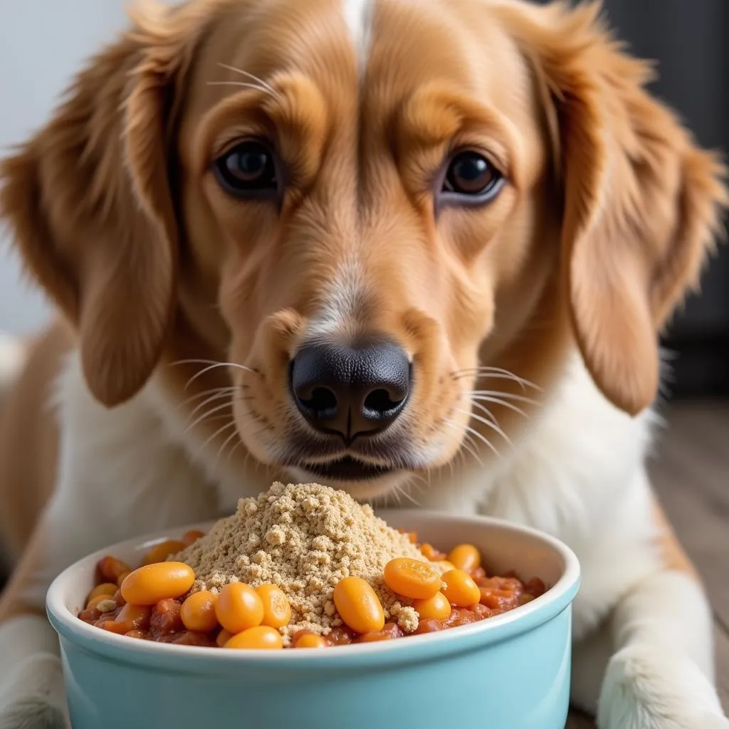 A happy dog eating food from a bowl.