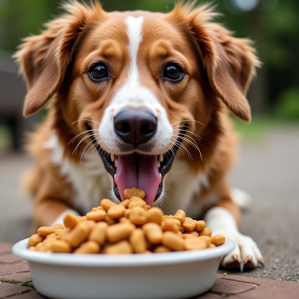 Happy Dog Eating Kibble from Bowl