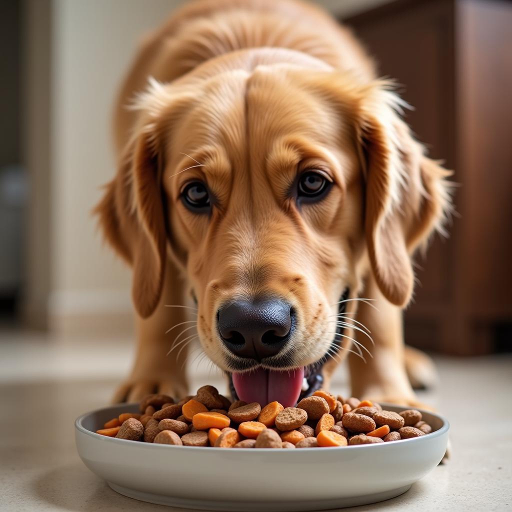 Happy dog enjoying a bowl of lamb and sweet potato dog food