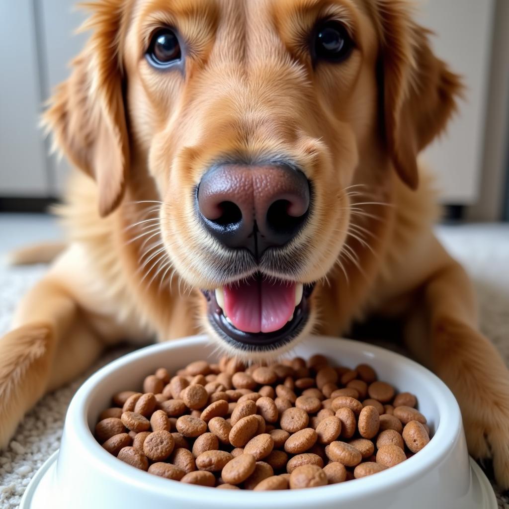 Golden Retriever eagerly eating liver flavored dog food from a bowl