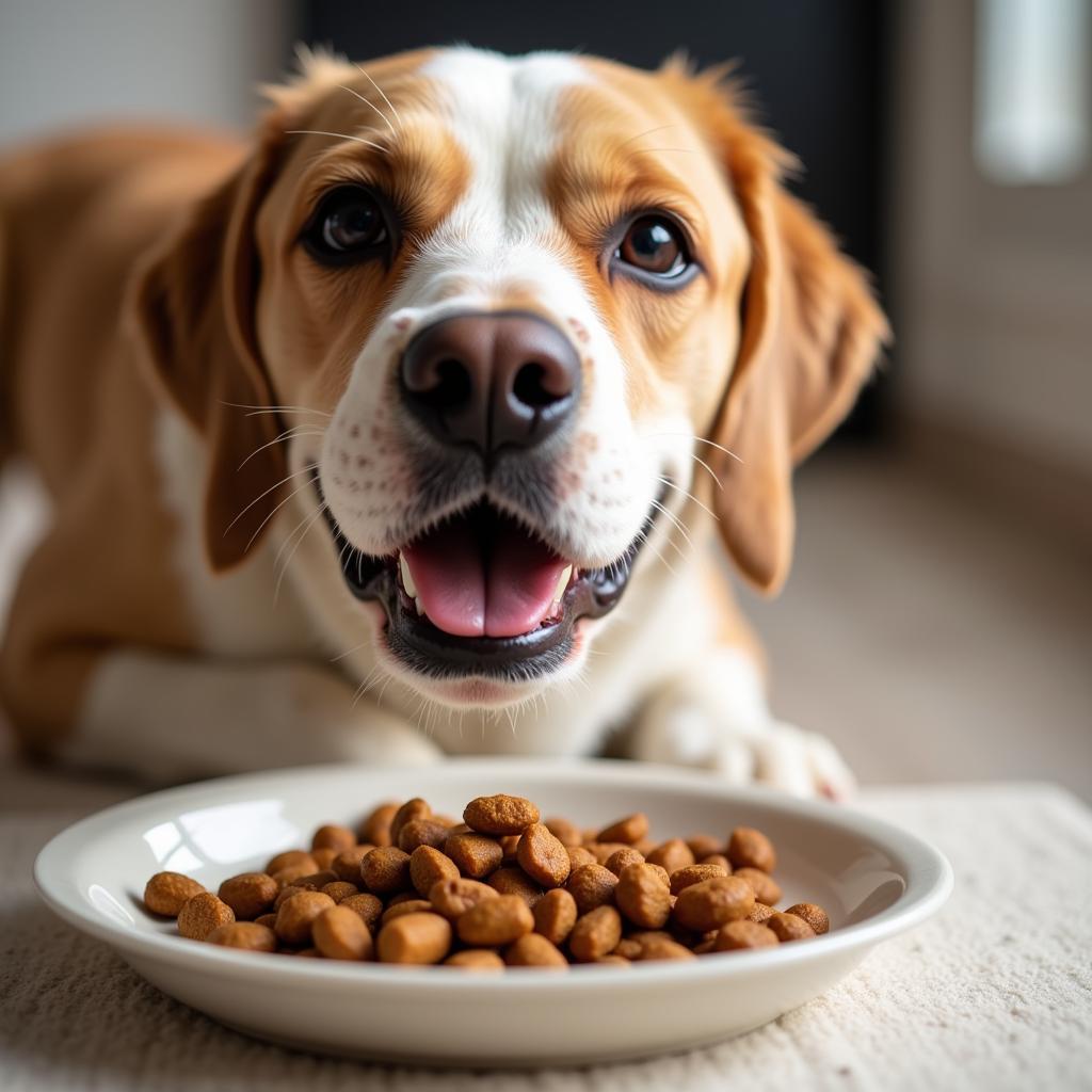 Happy dog eating low-carb food