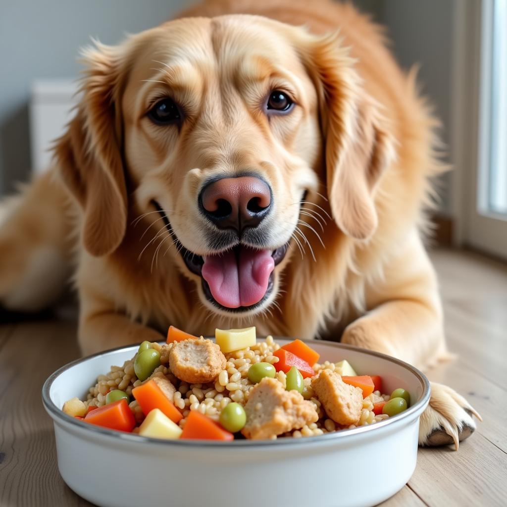 A happy dog enjoying a bowl of low purine dog food