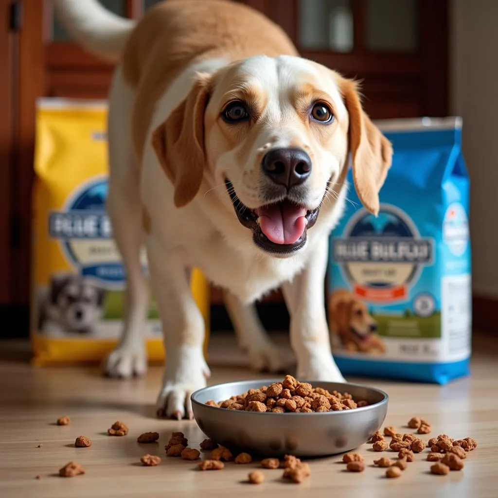 A happy dog enjoying its meal from a dog bowl