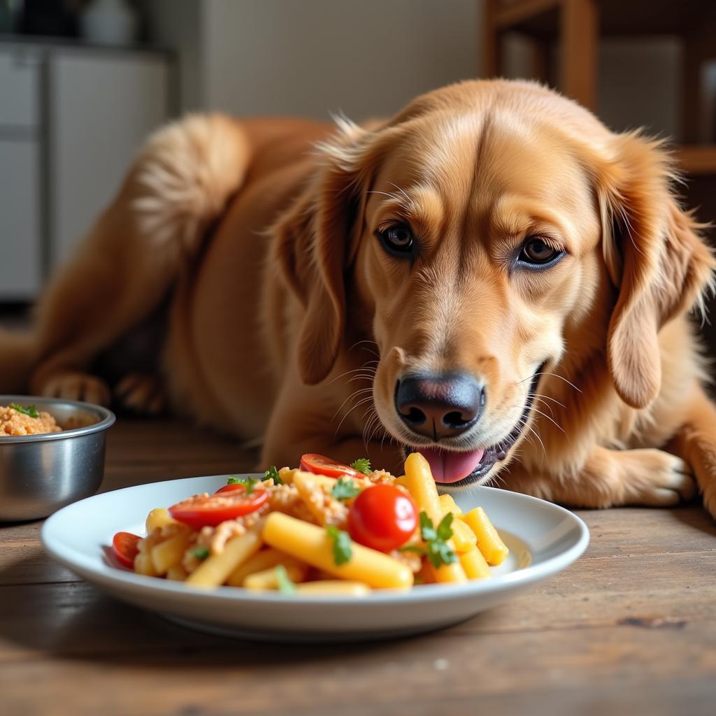  A happy golden retriever eagerly eating a homemade meal from a dog bowl