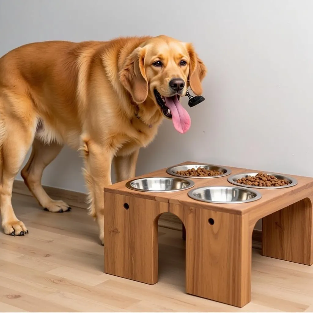 Dog enjoying a meal from an elevated feeder