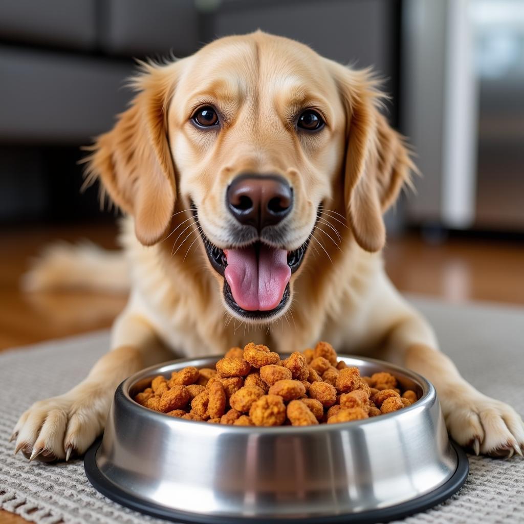 Happy Dog Eating Freeze Dried Food Topper